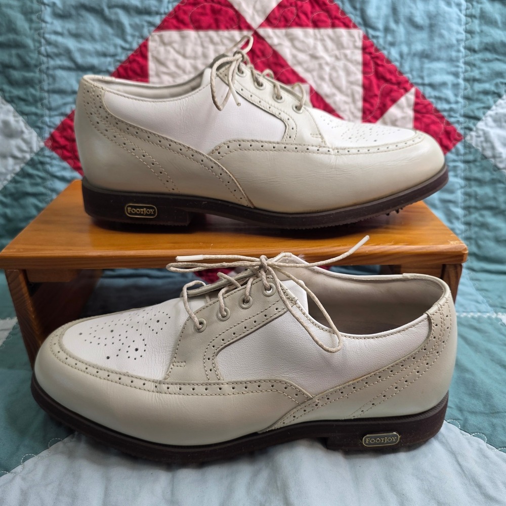 Footjoy Europa Collection White Cream Wingtip Spiked Leather Golf Shoes Mens